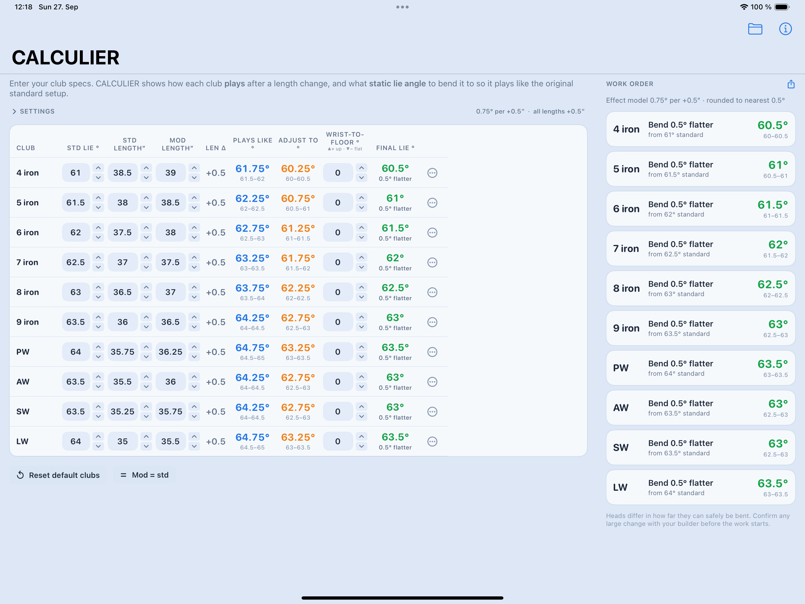 CALCULIER on iPad: the club table with Plays Like, Adjust To and Final Lie on the left, the work order with the required bends on the right.
