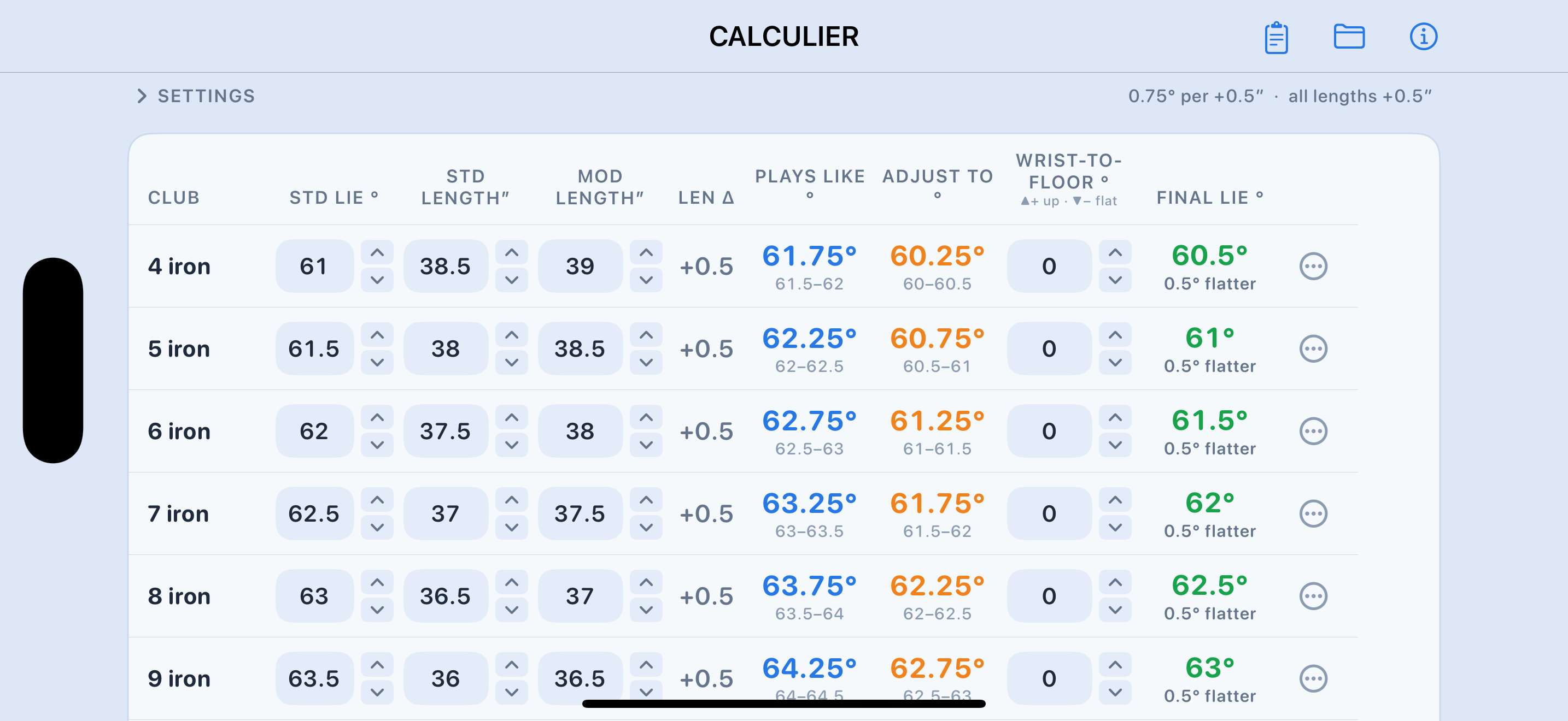 CALCULIER in landscape on iPhone showing the complete club table.